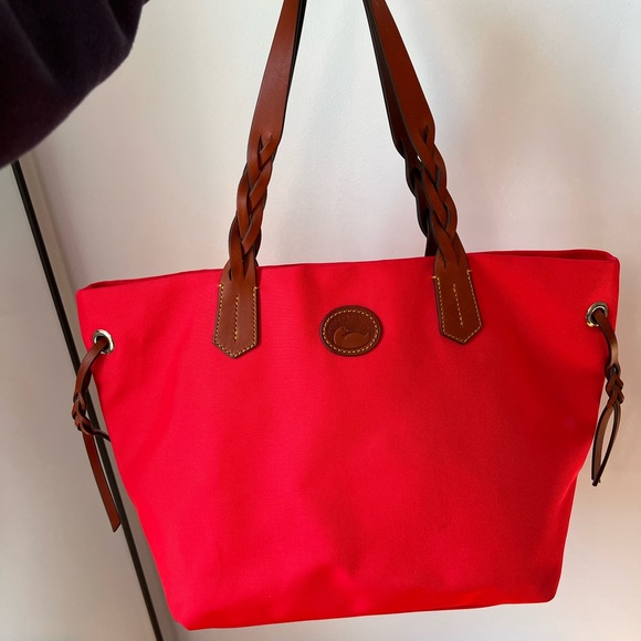 Dooney & Bourke Red Canvas Tote • Brown Leather Trim • Large Shoulder Bag - Picture 1 of 12